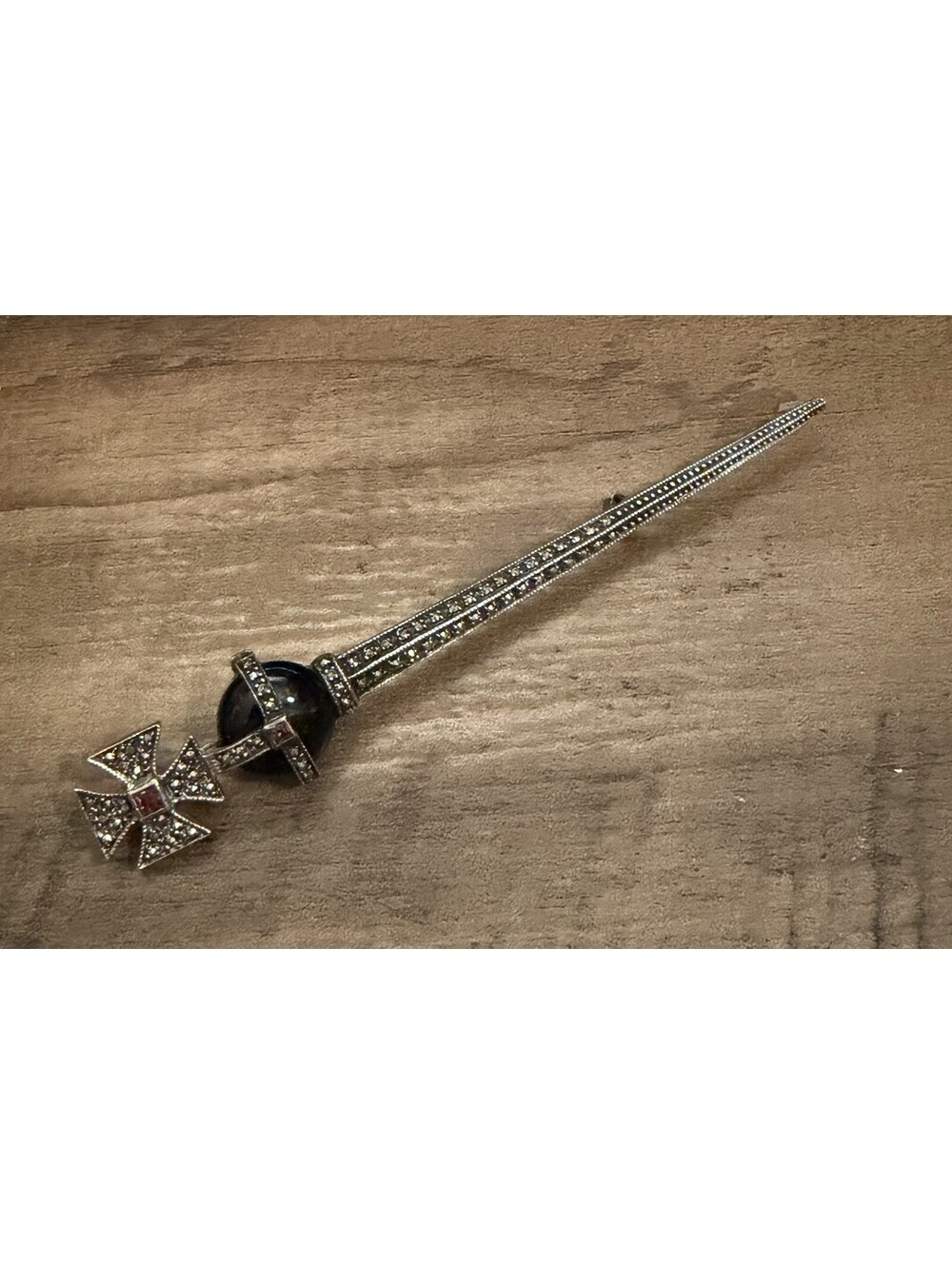 Vintage Tokyo Brand Rokuzan Scepter Sword Ruby Red Glass Sphere Brooch Pin 4"